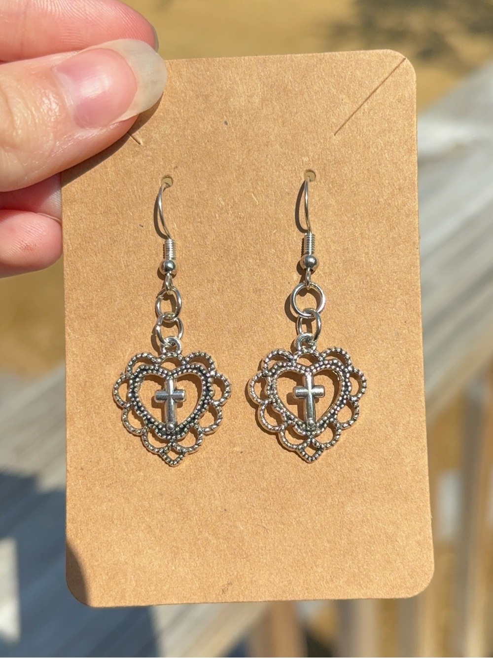 Silver Cross Heart Dangle Earrings